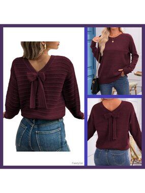 Womens Bow Sweaters Pullover Knit Tops Fall Outfits Soft Long Sleeve